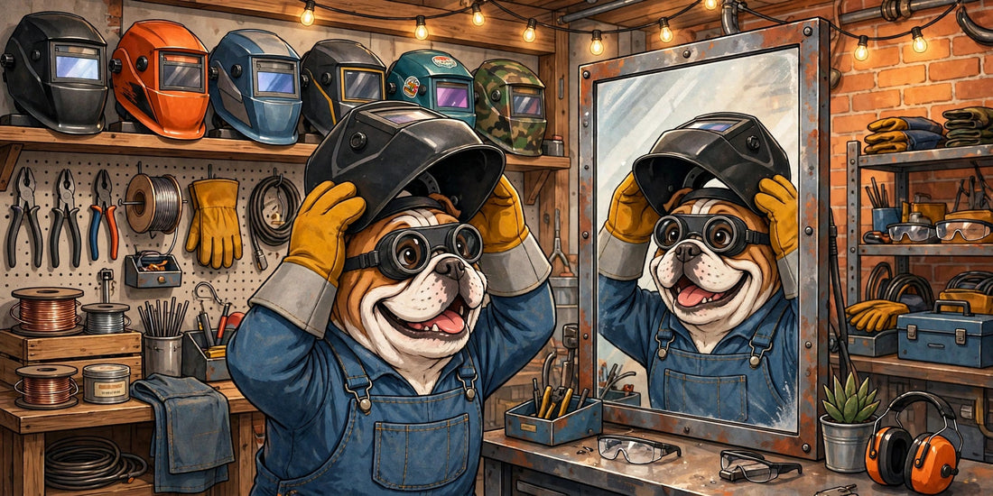 Bulldog probándose un casco de soldadura