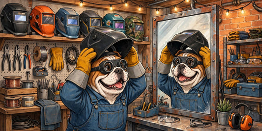 Bulldog probándose un casco de soldadura