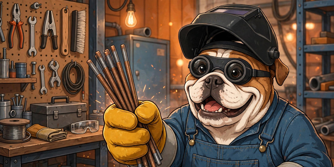 Bulldog sosteniendo electrodos revestidos para soldadura