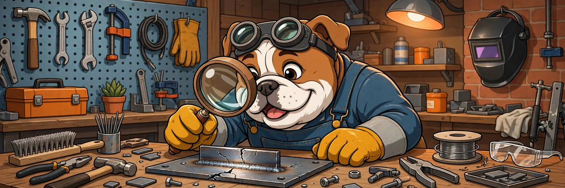 Bulldog examinando una soldadura con defectos con lupa