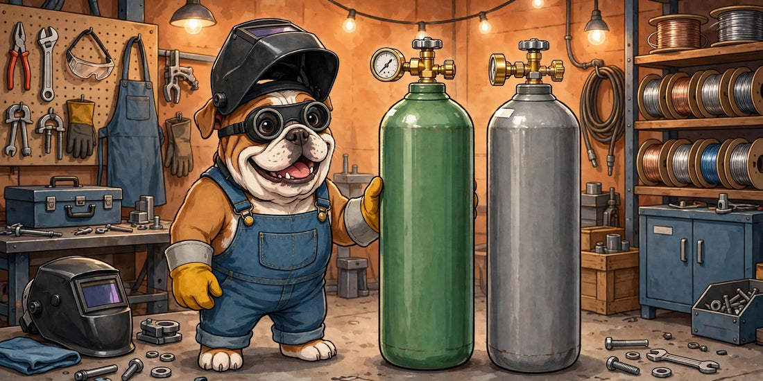 Bulldog junto a cilindros de argón y CO2