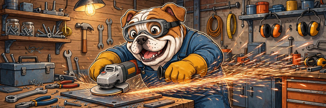 Bulldog limpiando metal con esmeril angular