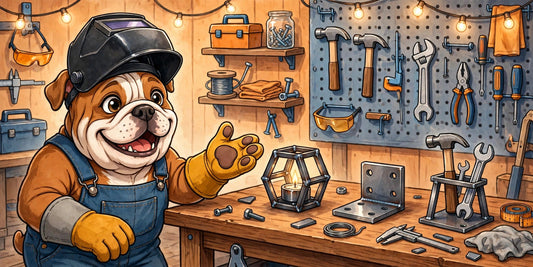 Bulldog mostrando proyectos de soldadura terminados