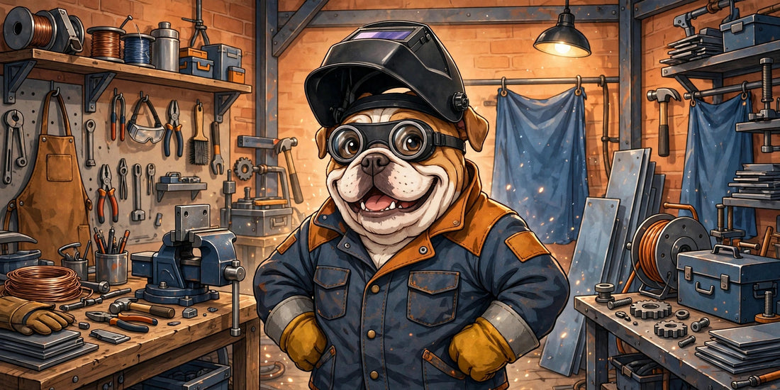 Bulldog con equipo de seguridad para soldadura: casco automático, guantes y chamarra