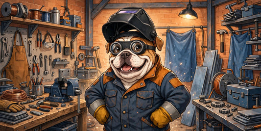 Bulldog con equipo de seguridad para soldadura: casco automático, guantes y chamarra