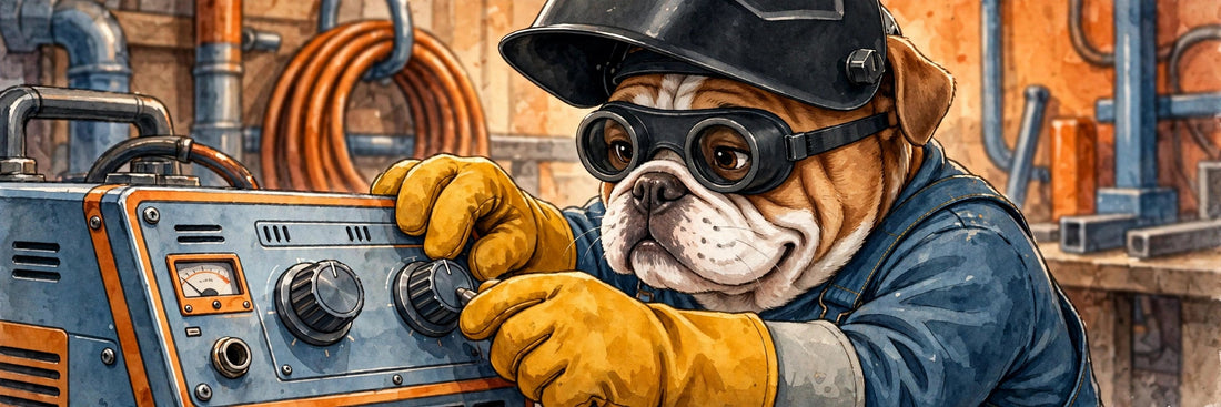 Bulldog ajustando voltaje y velocidad de alambre en soldadora MIG